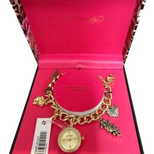 Ed Hardy Womens Gold Charm Bracelet Wristwatch Rhinestone Bezel w/ Box